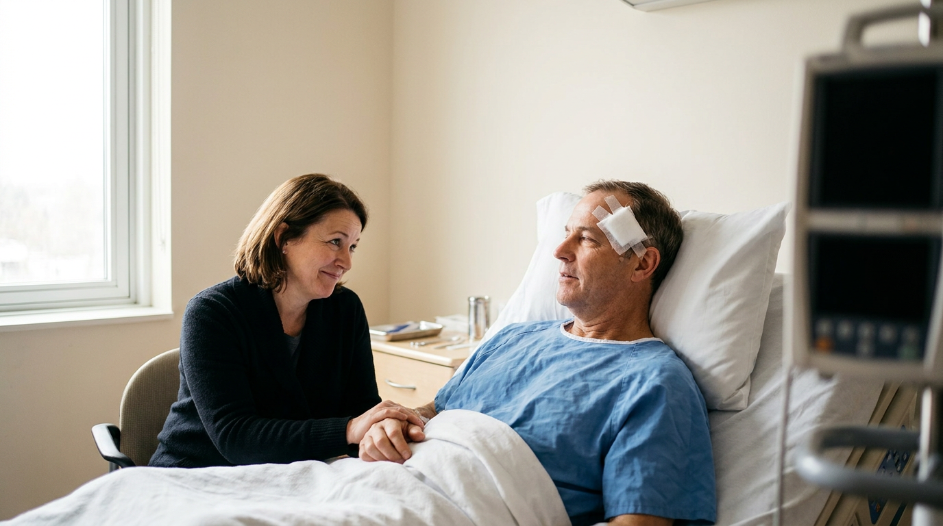 Paciente com lesão cerebral em um quarto de hospital em Manchester, NH, com a filha ao lado da cama