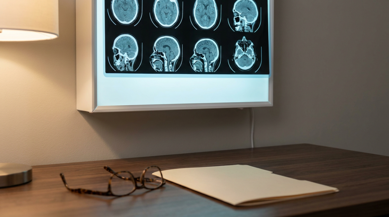 Brain CT scan on a lightbox at a Medford brain injury attorney's desk