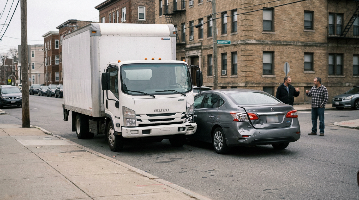 A photograph of a low-speed side-swipe collision on an industrial Chelsea road showing a semi-truck with a scraped front fender beside a sedan with a matching scraped and dented rear quarter panel, with a composed driver inspecting the damage while the blurred truck driver stands near the cab, representing the collisions handled by a Chelsea truck accident lawyer.