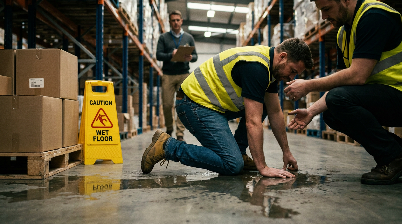A photograph of a shaken warehouse worker in a safety vest sitting directly beside a liquid spill on a concrete floor near a yellow caution sign, while a coworker crouches to help and a supervisor approaches, representing the workplace slip and fall cases handled by a Revere slip and fall lawyer.