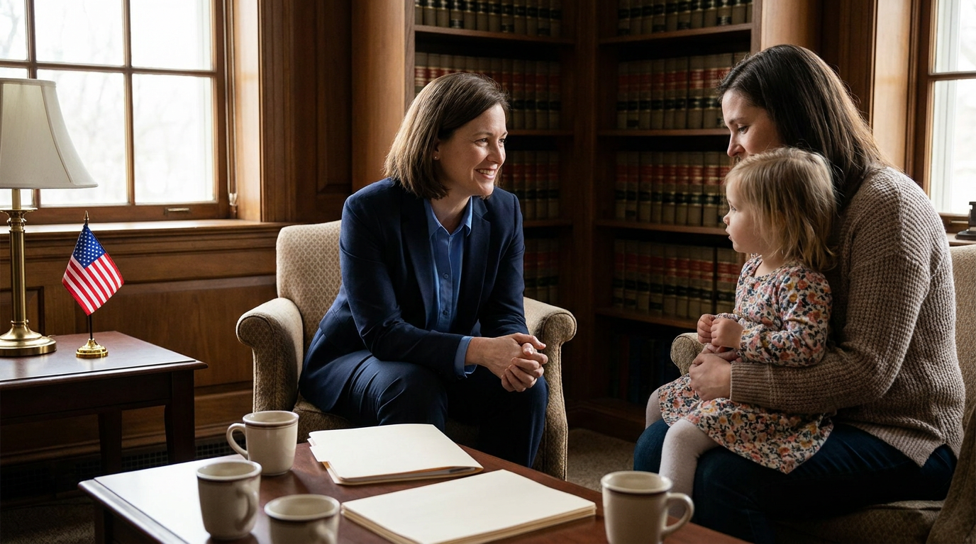 Attorney speaking with a mother and her young daughter in a law office seating area