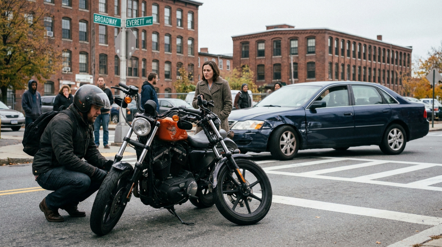 A photograph of a helmeted motorcyclist crouching to inspect the scraped fuel tank of his motorcycle after a collision at a Chelsea intersection, with a blurred sedan with a matching lightly crumpled front fender and its composed driver in the background, representing the collisions handled by a Chelsea motorcycle accident lawyer.