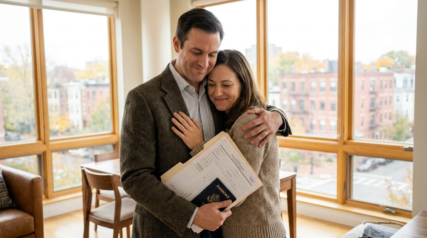 Una pareja de inmigrantes esperanzados se abraza en casa mientras esperan la decisión sobre su tarjeta de residencia con un abogado especializado en ajuste de estatus en Chelsea.