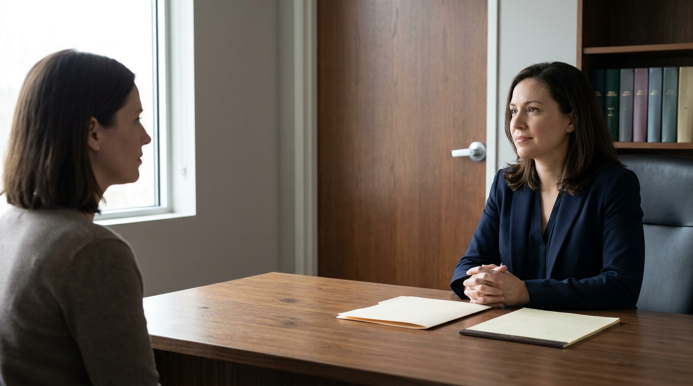 Immigration attorney listening to a client during a private office consultation