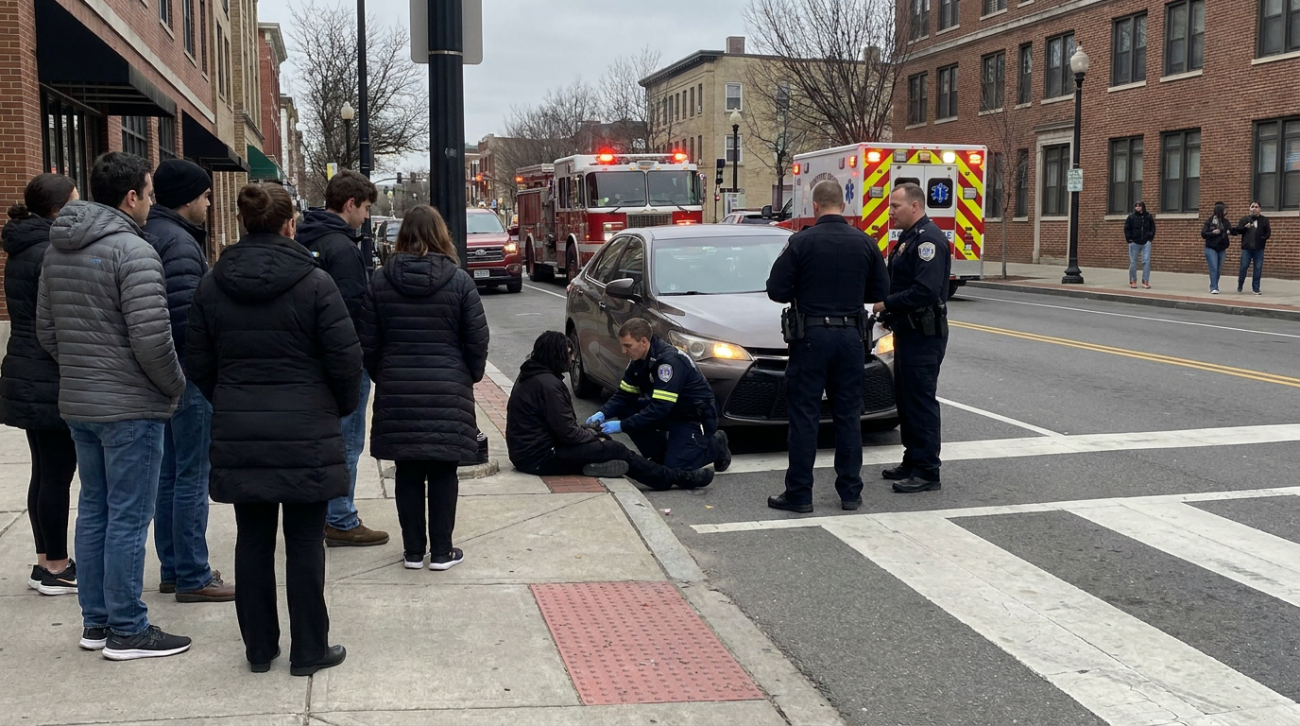 Escena de un grave accidente de peatones cerca de un paso de peatones en una calle de la ciudad, con personal de emergencias presente, lo que ilustra el tipo de casos de accidentes de peatones de los que se ocupa un abogado especializado en accidentes de peatones de Framingham.