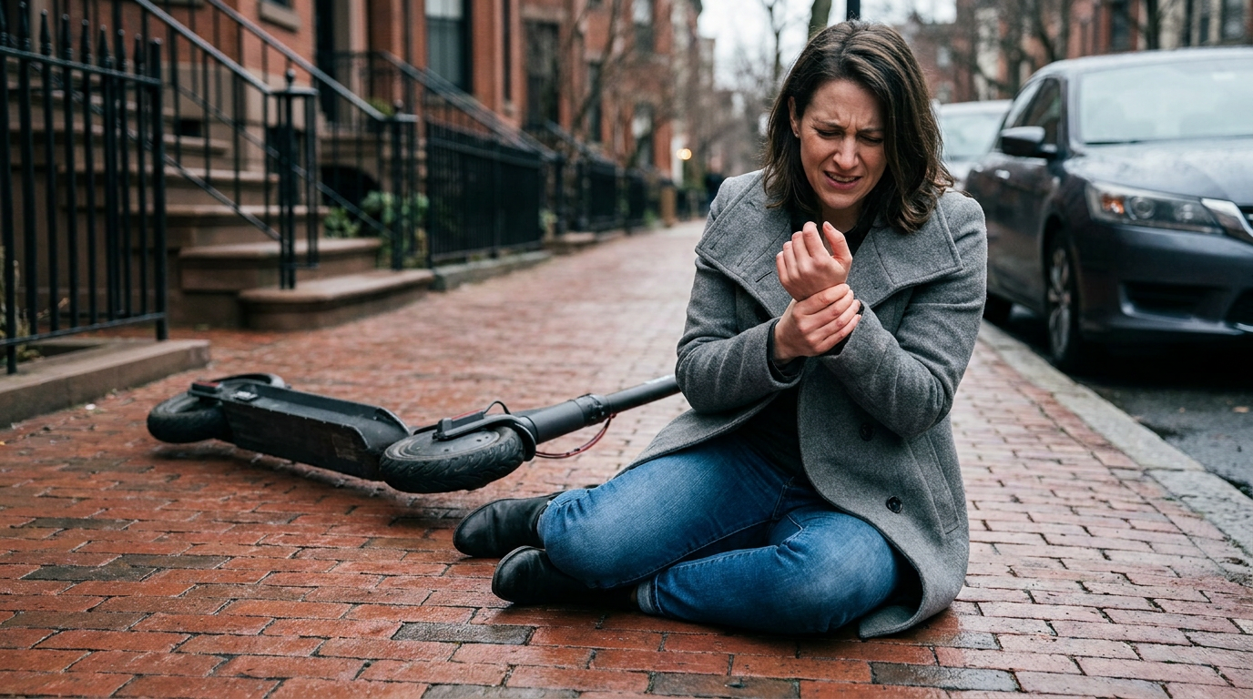 Woman holding her injured wrist beside a fallen e-scooter on a Boston street