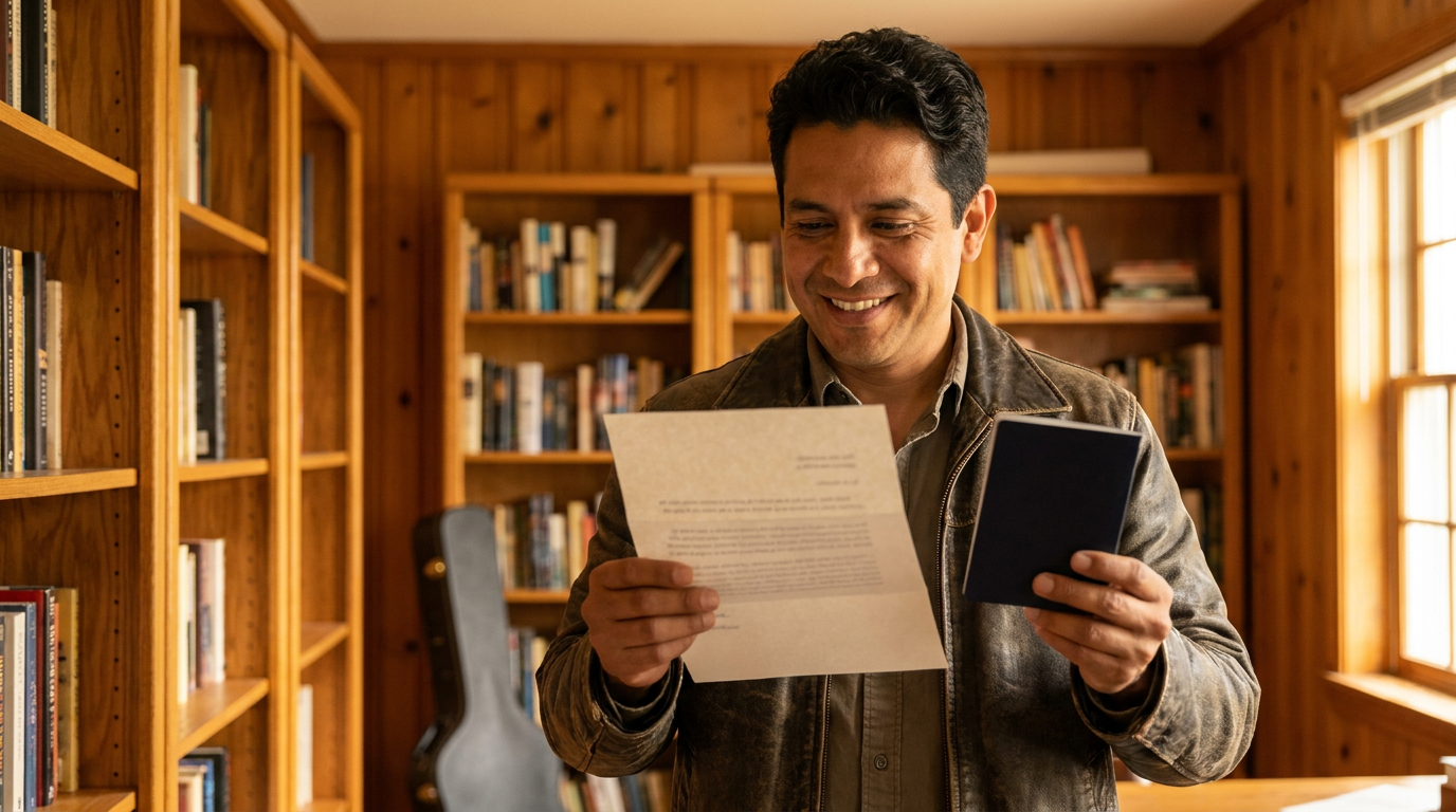 Músico en Chelsea, Massachusetts, con una carta de autorización y un pasaporte en la mano