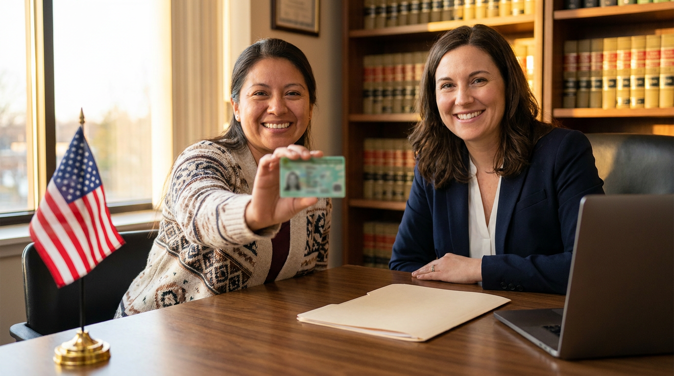 Advogada especializada em green card em Manchester, NH, com uma cliente segurando seu cartão de residente permanente