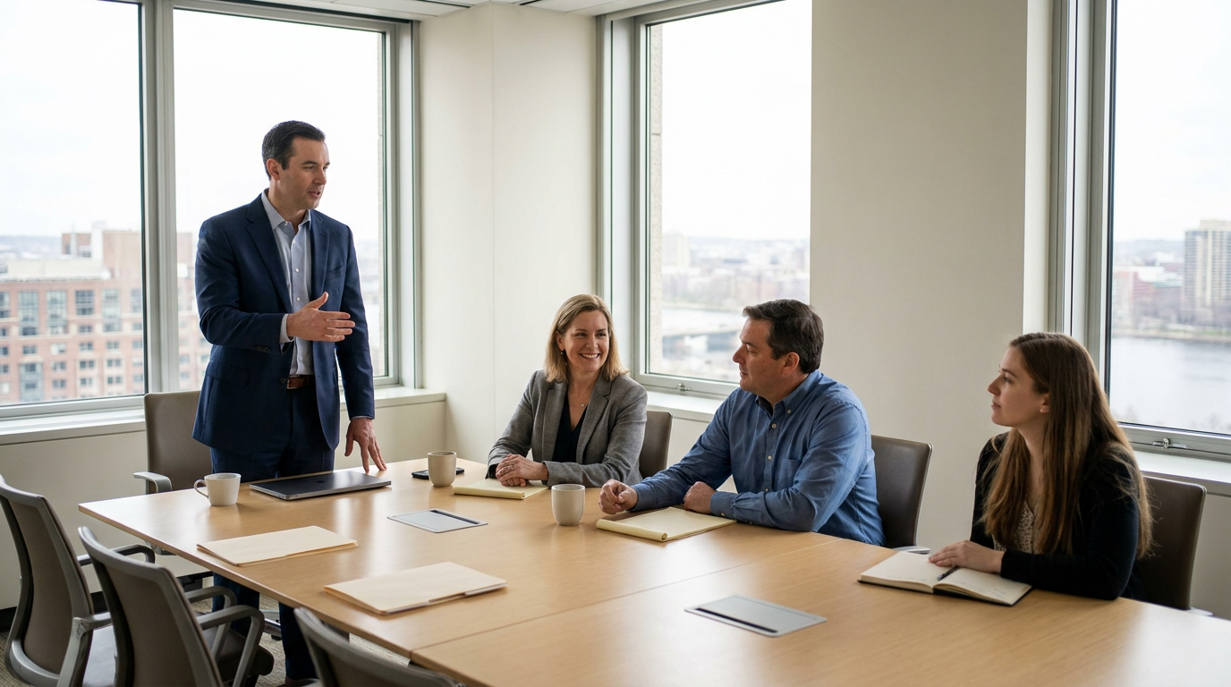 Advogado especializado em imigração empresarial de Chelsea em reunião com a equipe de liderança de uma empresa