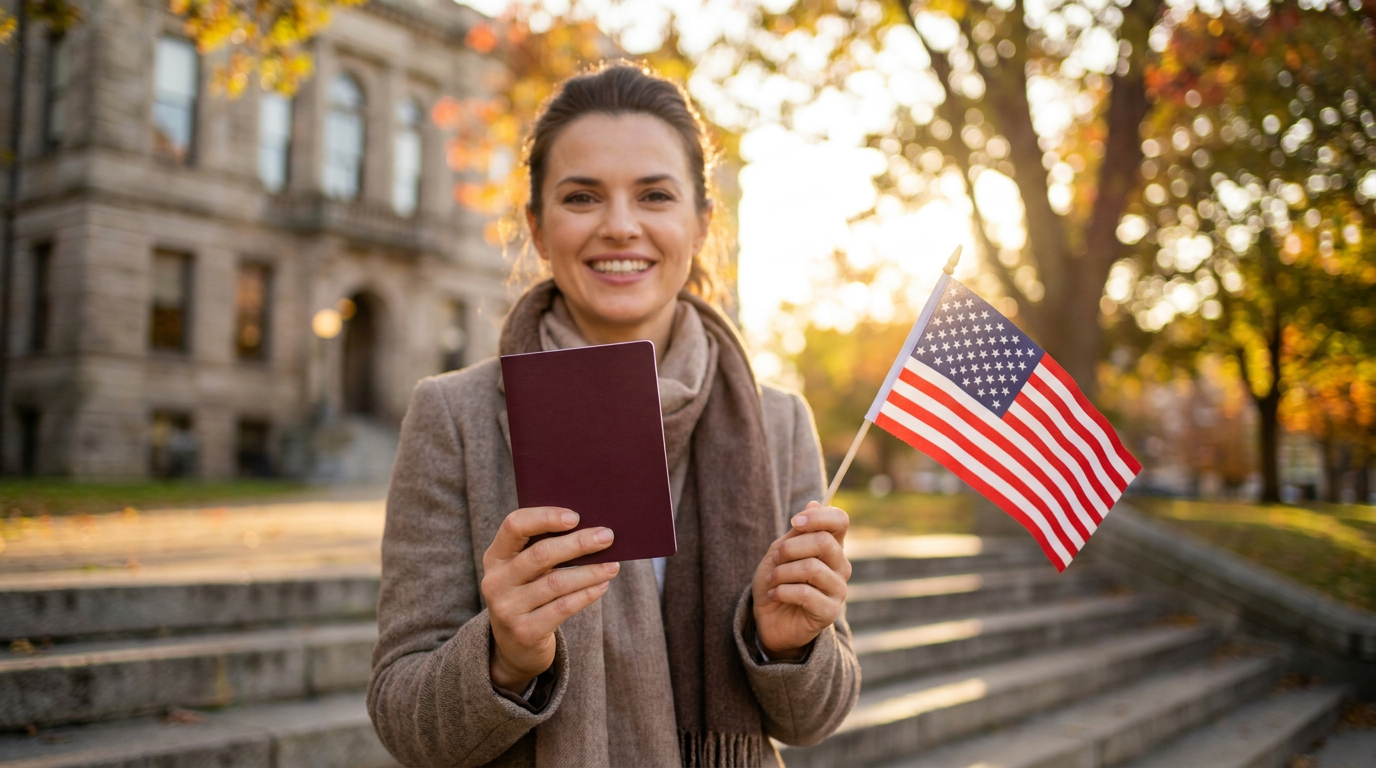 Mulher segurando um passaporte fechado e uma pequena bandeira americana em frente a um prédio público