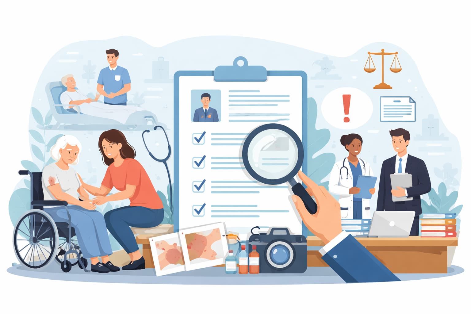 Flat vector illustration showing investigation of nursing home negligence with an elderly resident, caregiver, medical records, and legal review scene.
