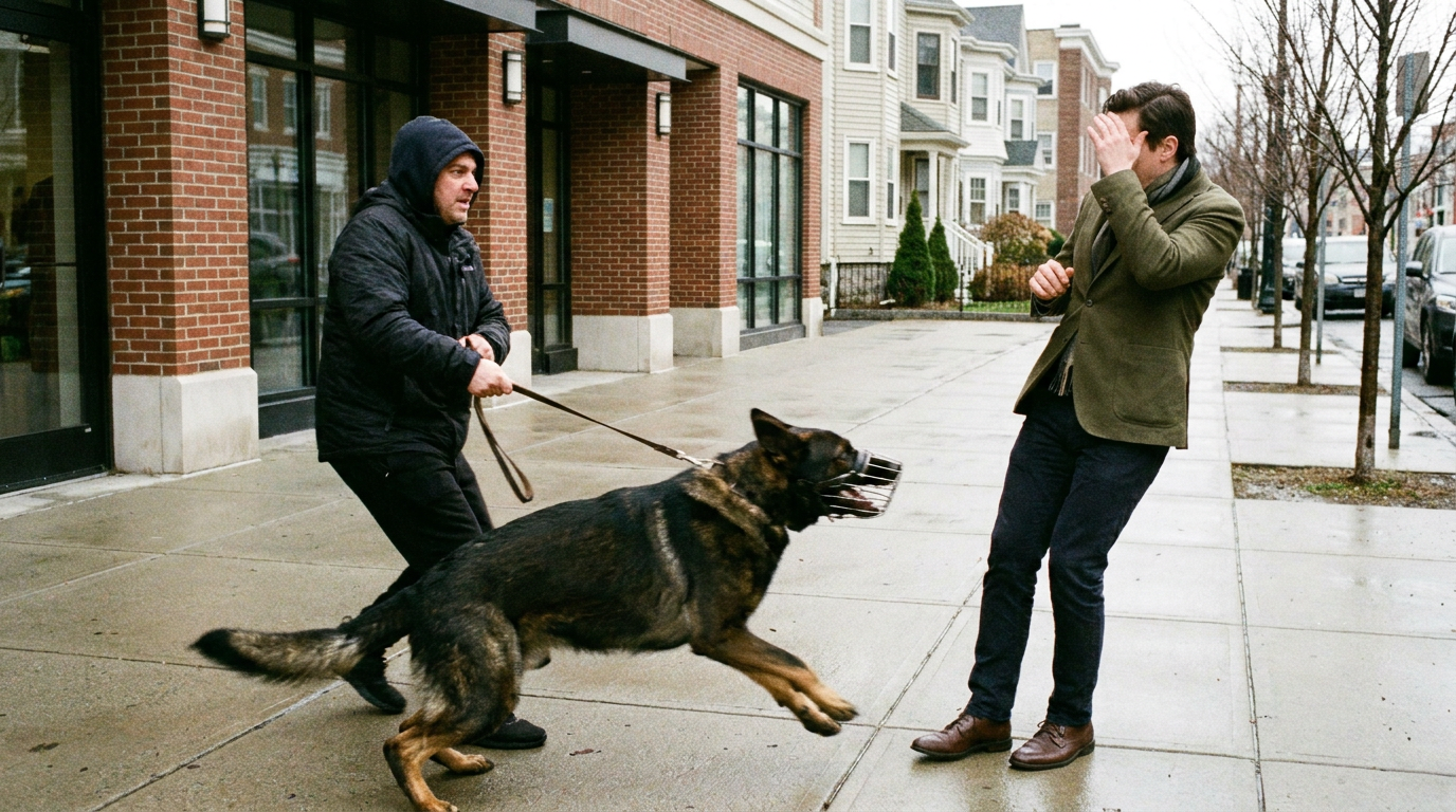 A photograph of an aggressive German Shepherd lunging and snarling at the end of a taut leash on a clean, well-kept Chelsea sidewalk while its owner strains to hold it back and a well-dressed pedestrian recoils defensively, representing the dangerous dog incidents handled by a Chelsea dog bite lawyer.