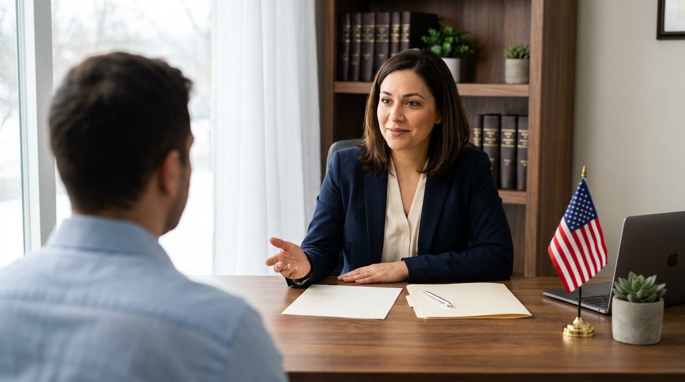 Immigration attorney discussing paperwork with a client across her desk