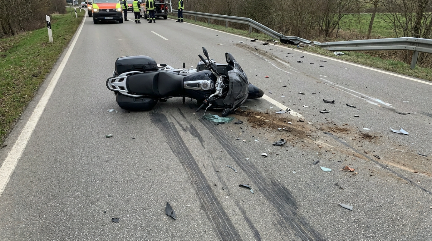 Escena de un grave accidente de moto en una carretera, en la que se ve una moto accidentada con daños visibles y restos esparcidos, lo que ilustra el tipo de casos de accidentes de moto de los que se ocupa un abogado especializado en accidentes de moto de Framingham.