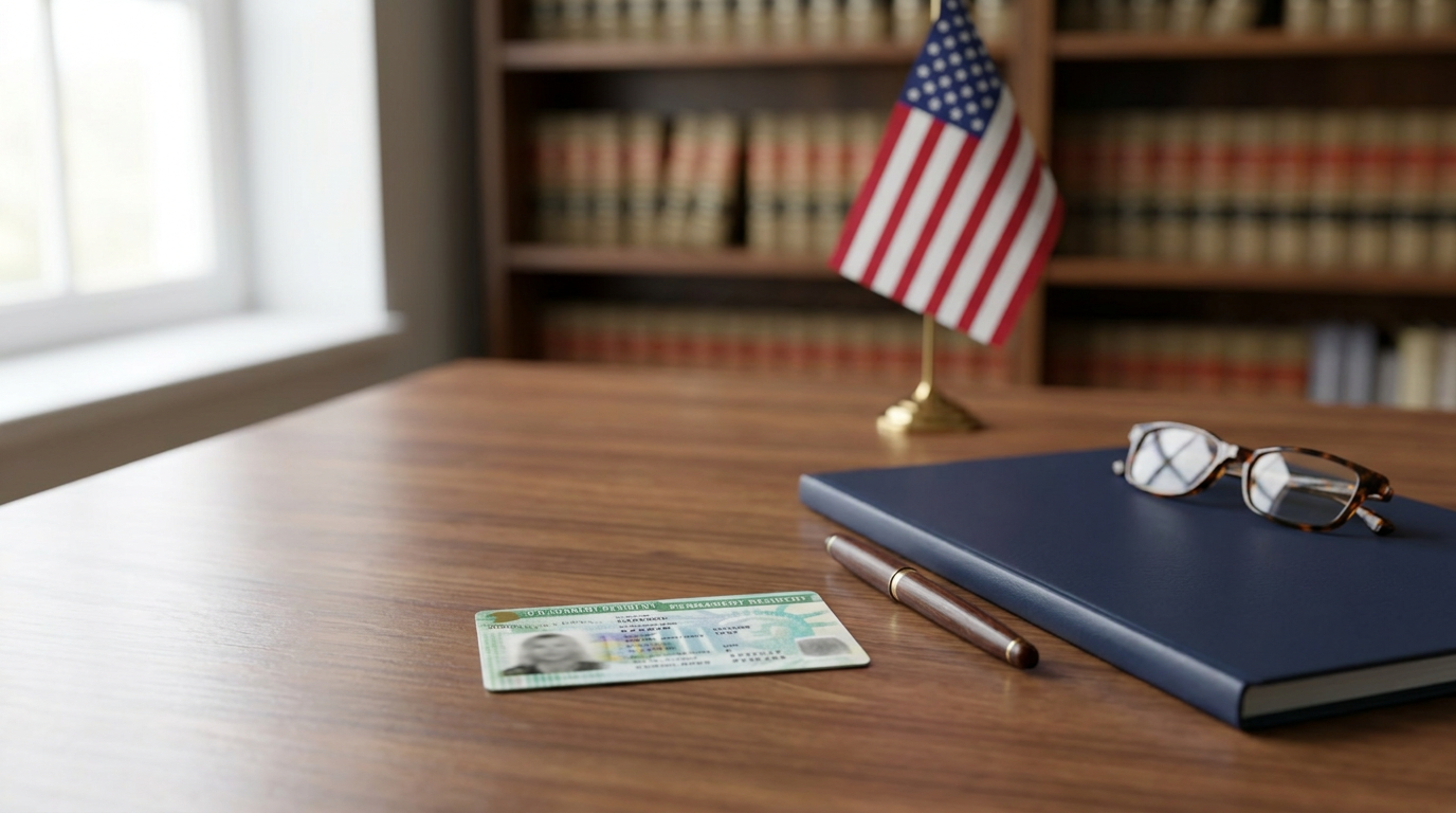 Tarjeta de residencia permanente, una carpeta y unas gafas de lectura sobre el escritorio de un bufete de abogados en New Hampshire