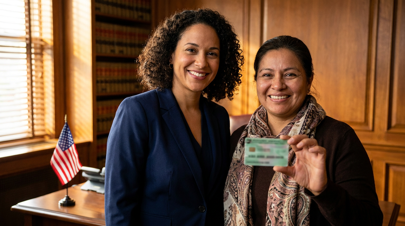 Advogado especializado em green card do Chelsea com uma cliente segurando seu cartão de residência permanente