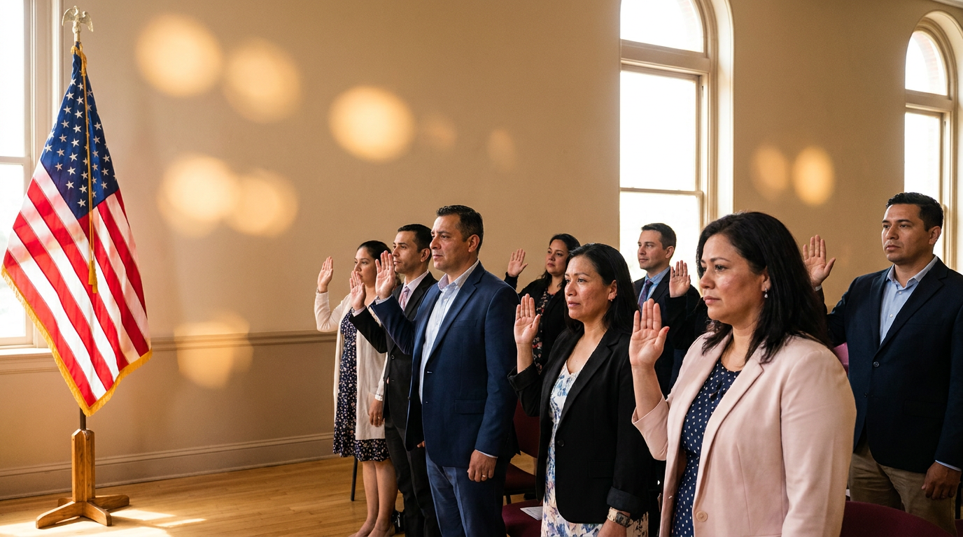 Pessoas em pé, com a mão direita levantada, prestando juramento em um salão municipal em Manchester, NH