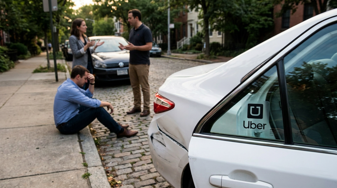 A photorealistic image of a white Uber rideshare sedan with an open rear passenger door and a small Uber decal on the window after a minor collision, with a blurred shaken passenger sitting on the curb while the driver talks with another motorist, representing the cases handled by a Revere rideshare accident lawyer.