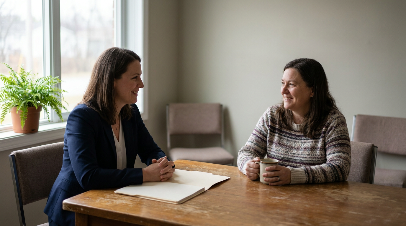 Attorney meeting with a client at a table in a plain community meeting room