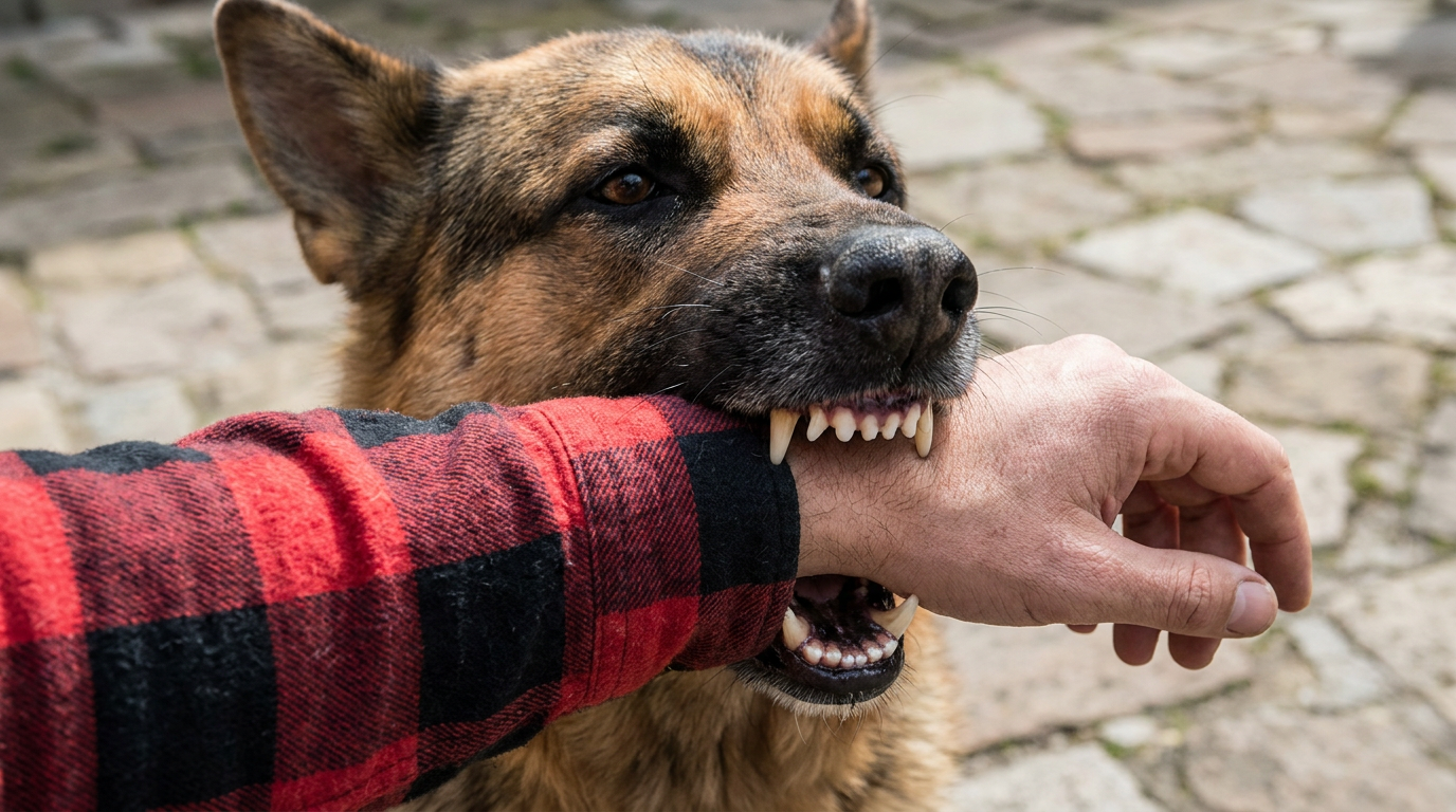 A photorealistic close-up of a German Shepherd dog biting a person's forearm wearing a plaid checkered shirt, with the dog's teeth and jaw clearly visible, representing the types of dog bite injury cases handled by a Framingham dog bite lawyer.