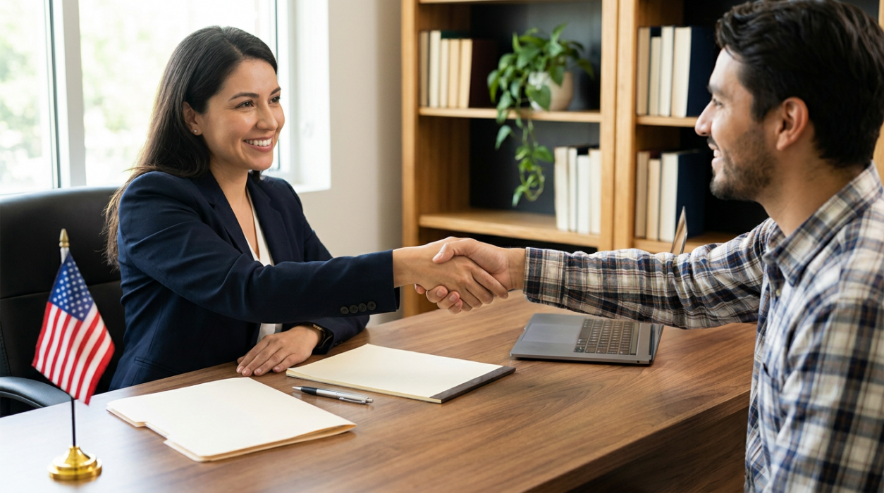 Manchester, NH immigration lawyer shaking hands with a client at her desk