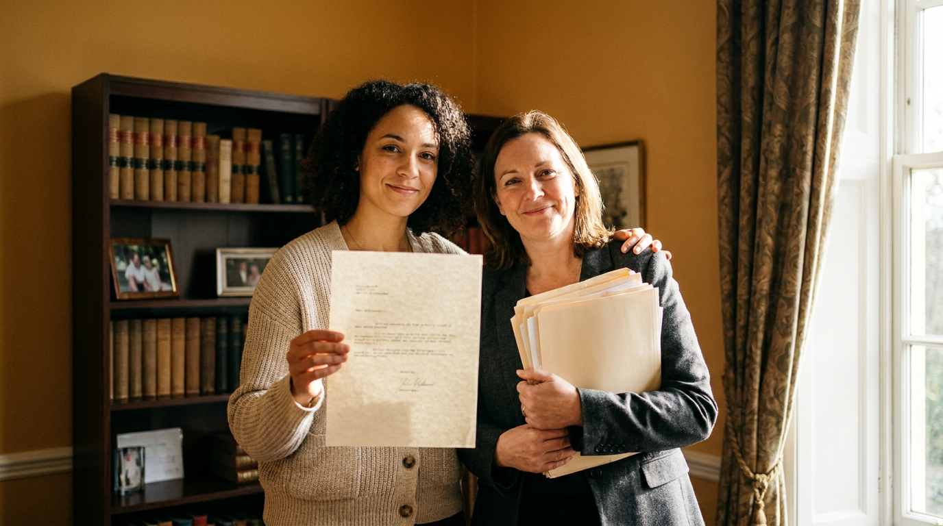 Abogada especializada en la Ley VAWA de Boston junto a una solicitante por iniciativa propia que sostiene su carta de aprobación