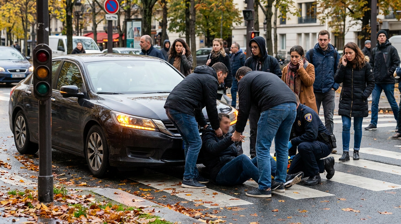 A realistic outdoor scene of a pedestrian being struck by a car at a crosswalk on a city street with bystanders nearby, representing the types of pedestrian accident cases handled by a Framingham pedestrian accident lawyer.