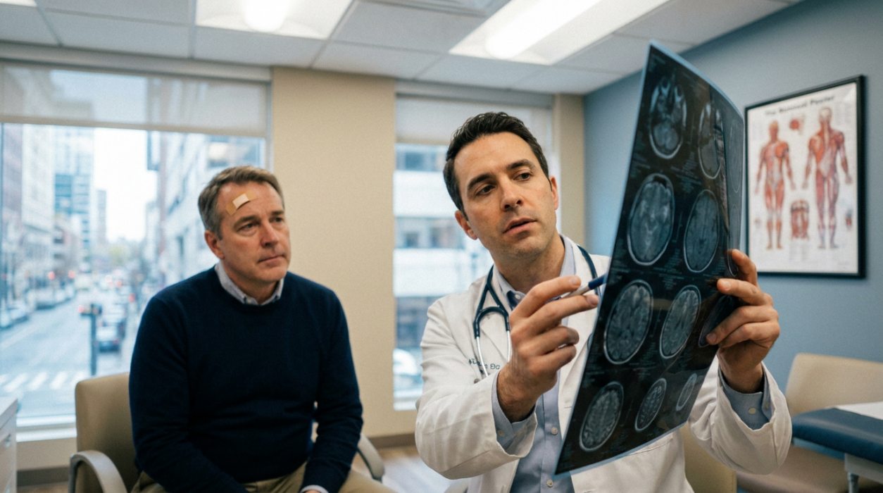Uma imagem fotorrealista de um médico segurando uma radiografia de ressonância magnética do cérebro e explicando os resultados com uma caneta, com um paciente em segundo plano — com a testa enfaixada e a imagem desfocada — ouvindo atentamente, representando os casos de lesão cerebral traumática atendidos por um advogado especializado em lesões cerebrais de Revere.