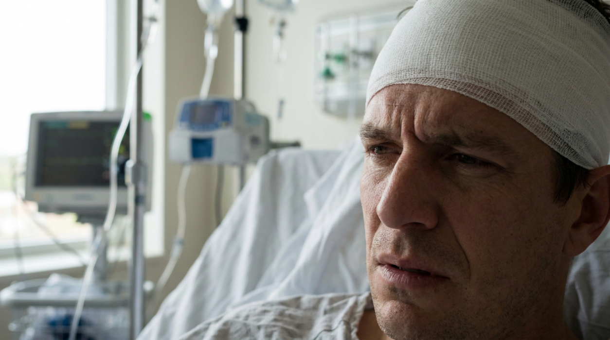 Una escena fotorrealista en la que aparece un paciente tumbado en una cama de hospital con una herida en la cabeza vendada, que ilustra el tipo de casos de lesión cerebral traumática de los que se ocupa un abogado especializado en lesiones cerebrales de Framingham.