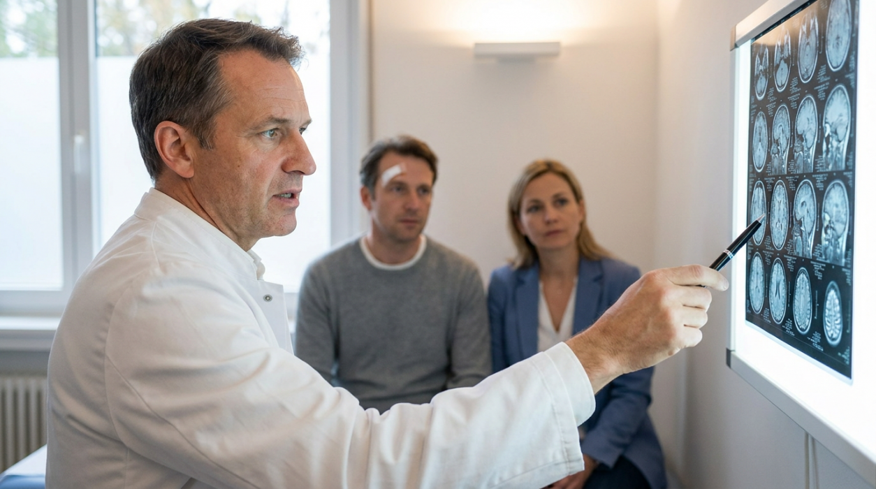 An image of a doctor pointing at brain MRI scans on a lightbox in a consultation room, with a blurred patient with a bandaged forehead and his composed wife listening attentively in the background, representing the traumatic brain injury cases handled by a Chelsea brain injury lawyer.
