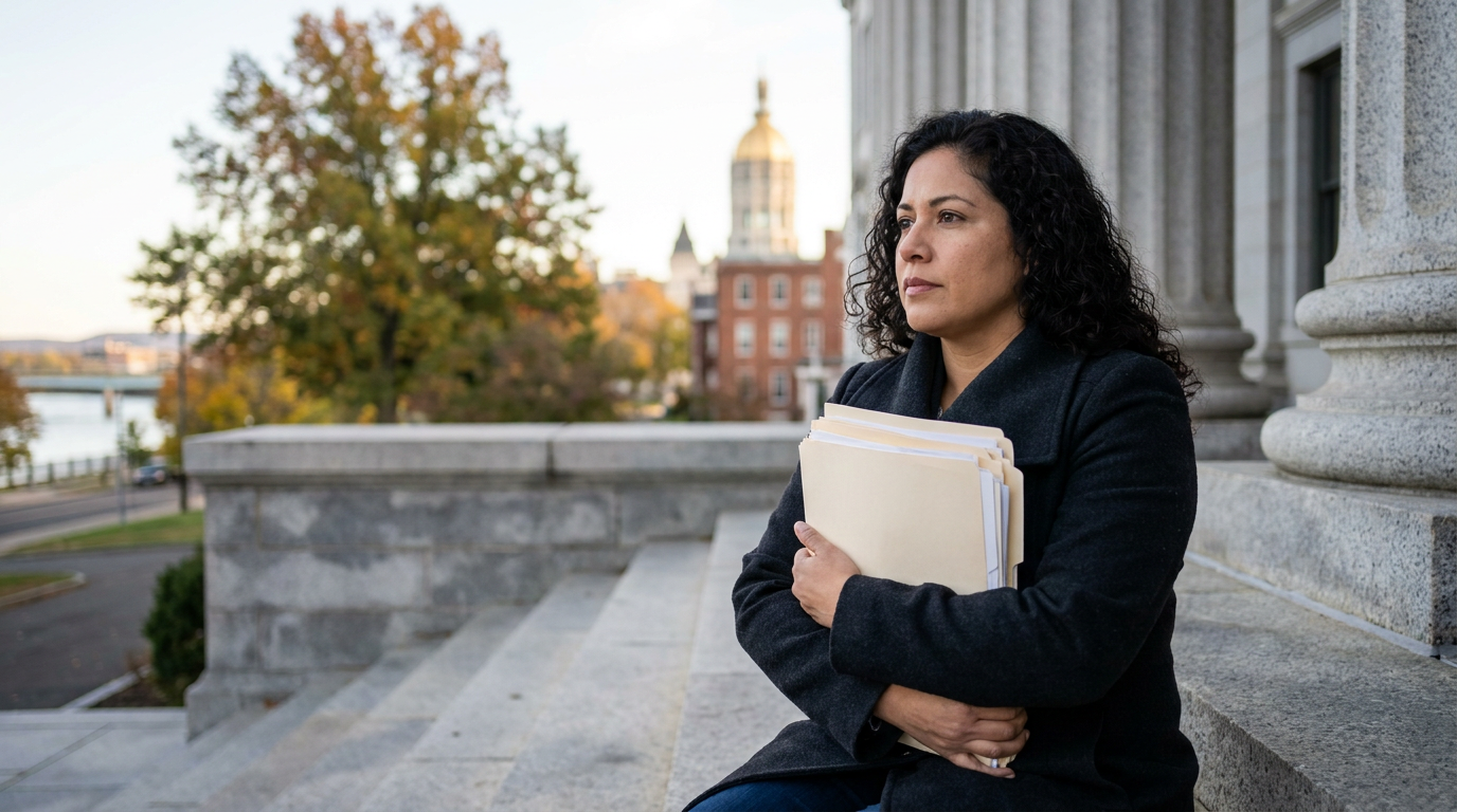 Hopeful immigrant woman holding legal documents on courthouse steps with a Connecticut immigration lawyer