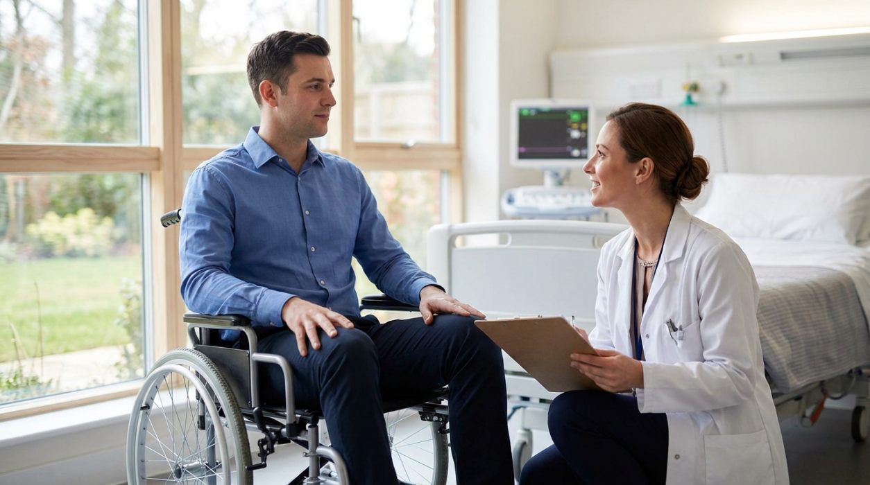 A photorealistic scene of a neatly dressed young man in a wheelchair speaking with a supportive doctor holding a clipboard in a bright hospital room, representing the medical consultations involved in spinal cord injury cases handled by a Revere spinal cord injury lawyer.