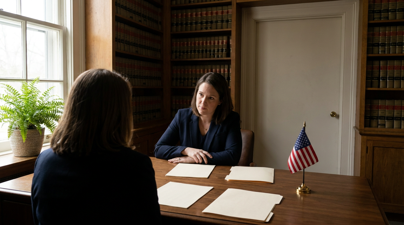 Attorney and client seated together at a small meeting table in a private office