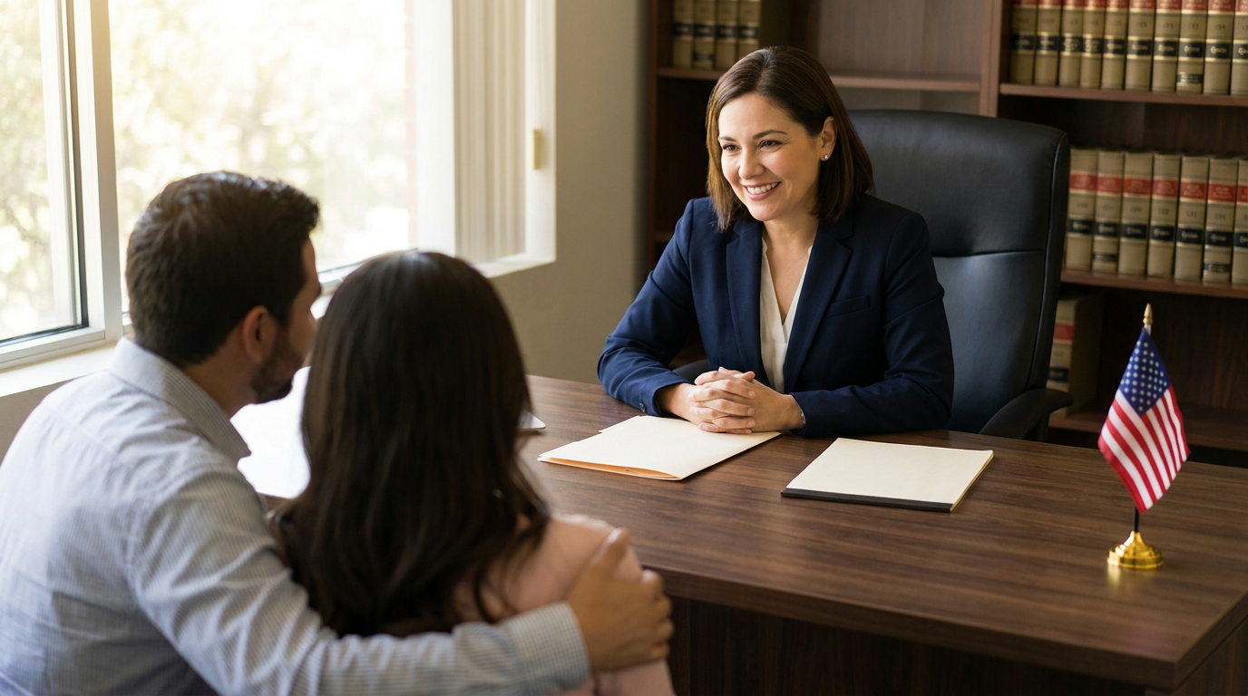 Massachusetts Calderon Settlement lawyer meeting with a married couple in her office