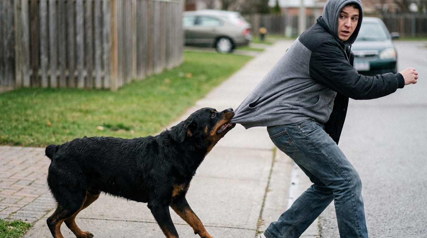 A photorealistic image of a Rottweiler dog biting the gray hoodie sleeve of a person's forearm on a suburban sidewalk as the person instinctively pulls away, representing the types of dog bite injury cases handled by a Revere dog bite lawyer.