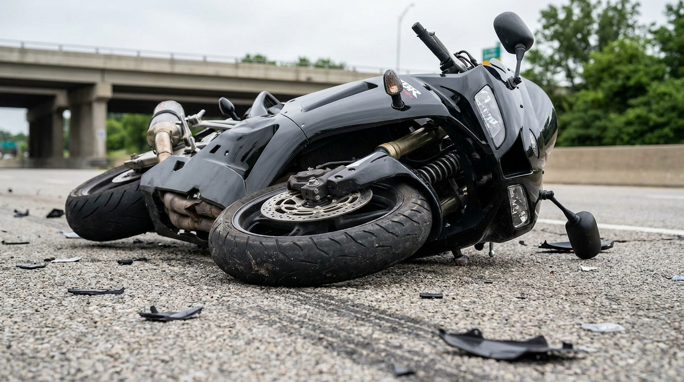 Una vista fotorrealista a nivel del suelo de una motocicleta deportiva negra real tumbada de lado en una carretera asfaltada tras un accidente, con marcas de derrape y restos visibles en la calzada y un cielo nublado al fondo, que representa el tipo de casos de accidentes de motocicleta de los que se ocupa un abogado especializado en accidentes de motocicleta de Framingham.