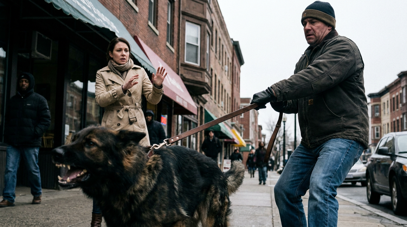 A photograph of an aggressive German Shepherd lunging and snarling at the end of a taut leash on an urban Chelsea sidewalk while its owner strains to hold it back and a well-dressed pedestrian recoils defensively, representing the dangerous dog incidents handled by a Chelsea dog bite lawyer.