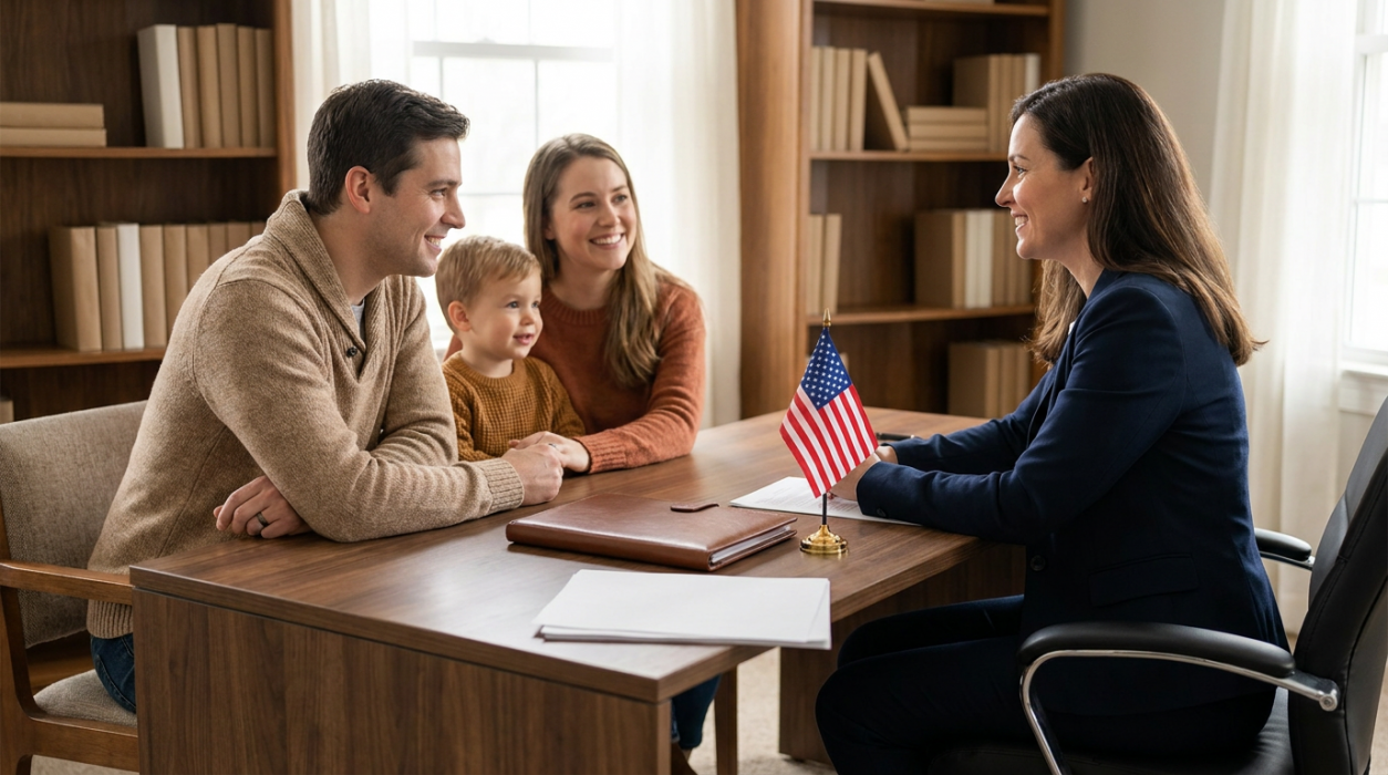 Una abogada especializada en inmigración de New Hampshire se reúne con una familia en su despacho