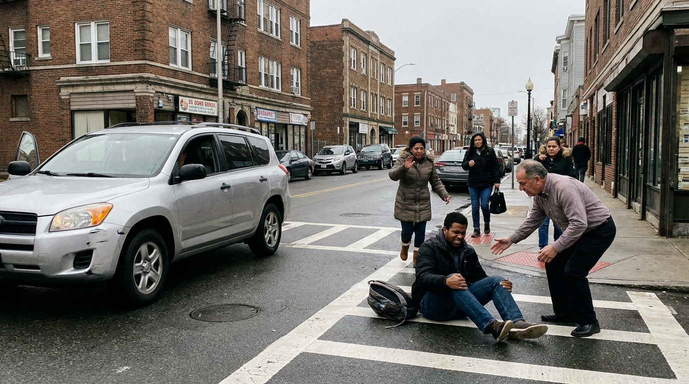 A photograph of a silver SUV with a lightly scuffed bumper stopped before a crosswalk on an urban Chelsea street moments after a pedestrian accident, with a blurred alarmed driver kneeling beside a visibly shaken pedestrian holding their knee while a bystander rushes to help, representing the cases handled by a Chelsea pedestrian accident lawyer.