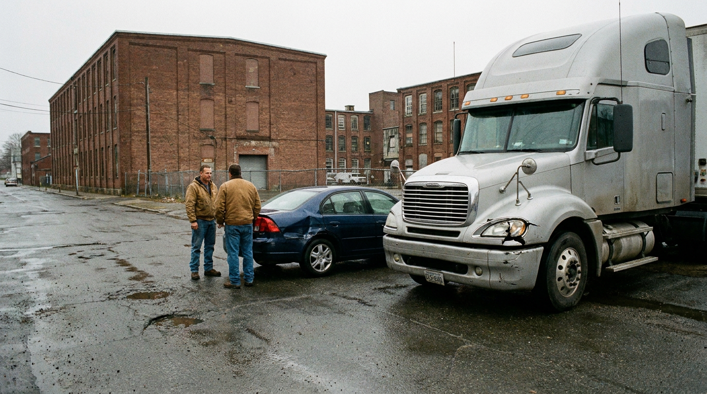 A photorealistic image of a truck accident aftermath on an industrial Chelsea road showing a semi-truck with a dented front bumper and cracked headlight next to a sedan with a crumpled rear panel, with the two blurred composed drivers talking calmly in the background, representing the collisions handled by a Chelsea truck accident lawyer.