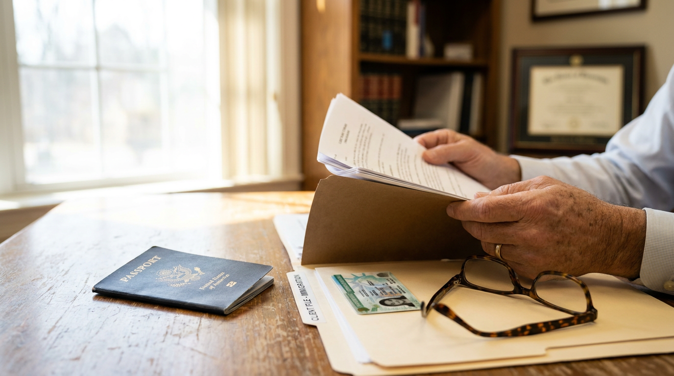 Manos ordenando una tarjeta de residencia, un pasaporte estadounidense y documentación de inmigración junto a un abogado especializado en inmigración de Connecticut