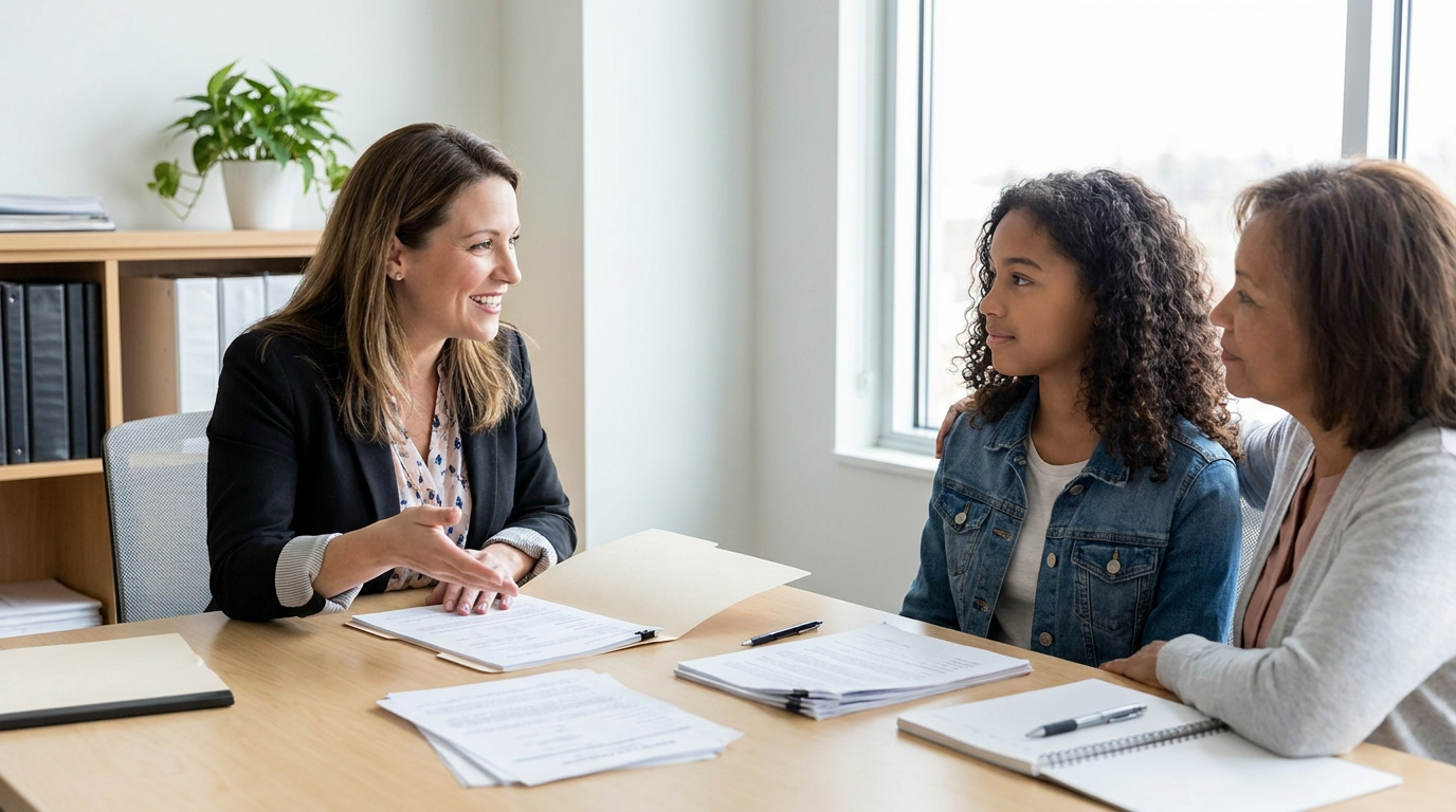 Framingham SIJS attorney reviewing a Special Immigrant Juvenile Status petition with a teenager and her guardian