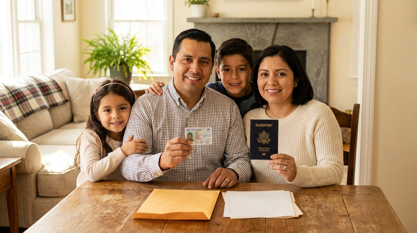 Family in Framingham, MA holding a permanent resident card and passport after a family-based green card petition