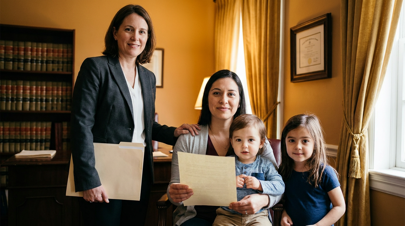Abogada especializada en la Ley VAWA de Boston junto a una solicitante por iniciativa propia y sus hijos, que sostiene su carta de aprobación