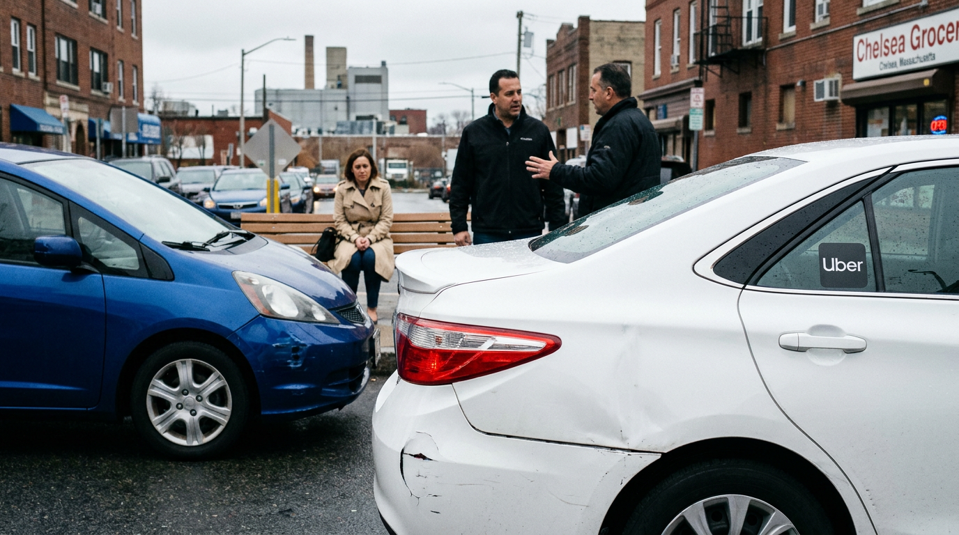 A photograph of a white Uber rideshare sedan with a lightly scraped rear quarter panel after a side-impact collision at a Chelsea intersection, with a blue car with matching front corner damage nearby while a blurred shaken passenger sits on a bench and the two drivers talk, representing the cases handled by a Chelsea rideshare accident lawyer.