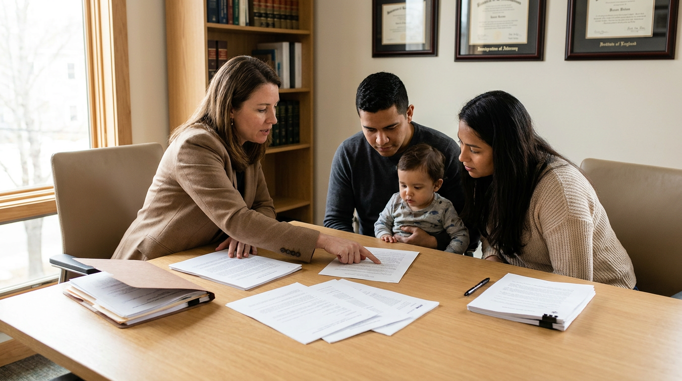 Framingham family immigration attorney reviewing I-130 petition paperwork with a client family
