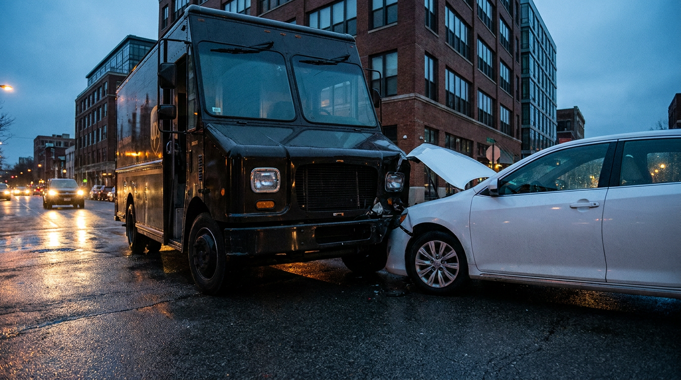Uma cena fotorrealista ao entardecer em que um grande caminhão comercial colide com um sedã branco em uma rua urbana molhada, com o capô do carro amassado e aberto devido ao impacto frontal e os prédios da cidade refletidos ao fundo, representando os tipos de casos de acidentes com caminhões atendidos por um advogado especializado em acidentes com caminhões de Framingham.