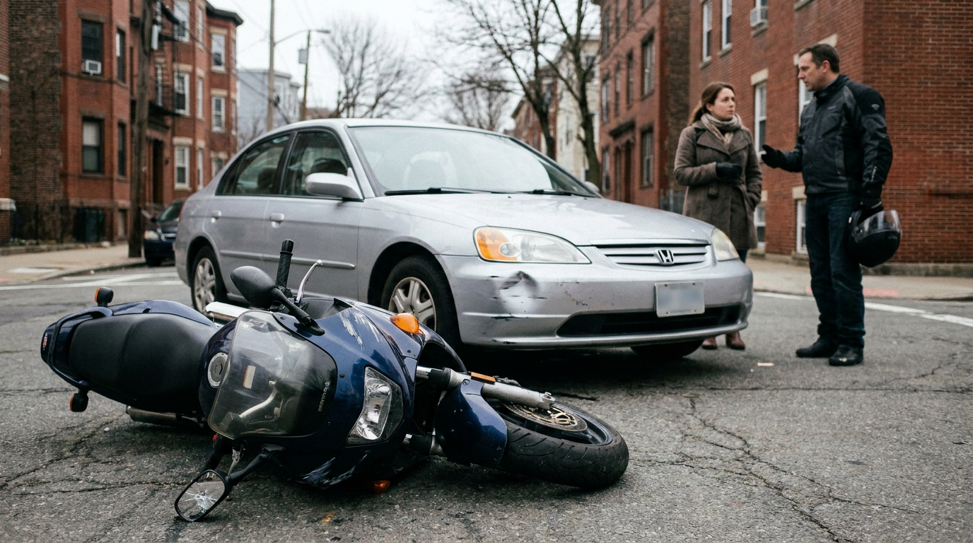 A photograph of a motorcycle lying on its side with a scraped left fairing on an urban Chelsea street, with a blurred silver sedan with a matching lightly dented front bumper behind it while the composed motorcyclist and driver talk calmly, representing the collisions handled by a Chelsea motorcycle accident lawyer.