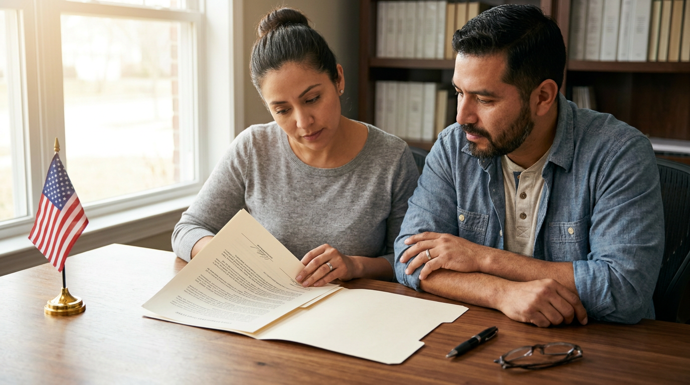 Married couple reviewing a signed legal filing together at a desk in Massachusetts