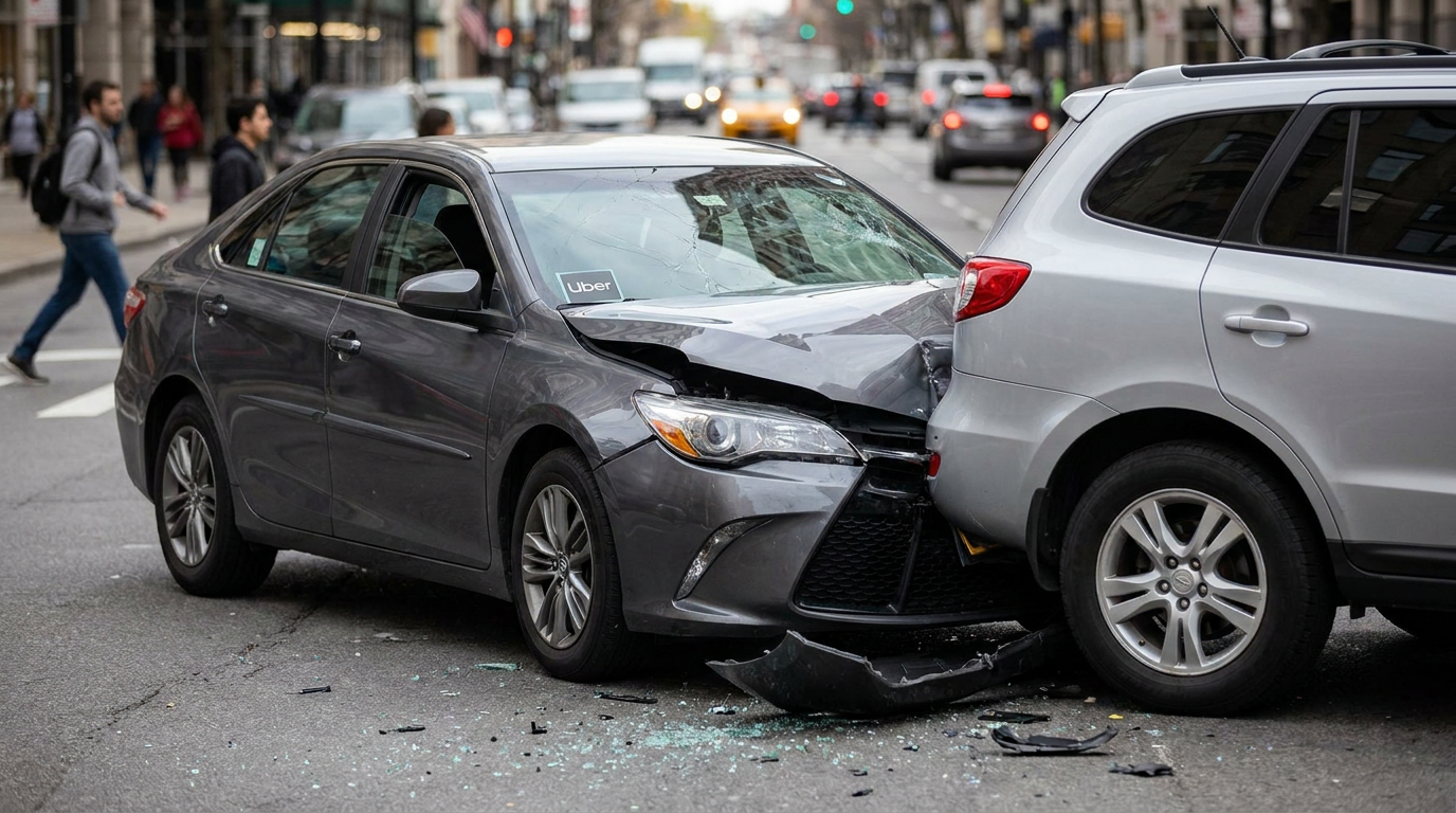 A photorealistic street-level scene of a dark gray Uber Toyota Camry with a visible Uber sticker on the windshield that has crashed into the rear of a silver SUV on a busy urban city street, with a severely crumpled front bumper, shattered windshield, and broken plastic and glass debris scattered on the asphalt, with blurred pedestrians and city traffic in the background, representing the types of rideshare accident cases handled by a Framingham rideshare accident lawyer.